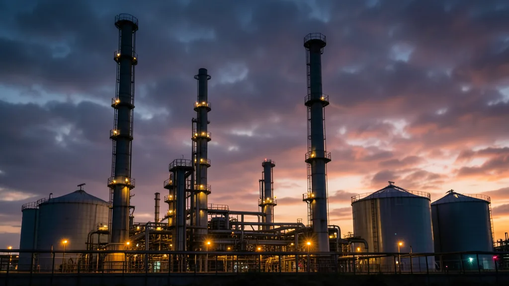 Imagem gerada por IA: Refinaria de petróleo iluminada ao entardecer, com torres, tubulações e tanques industriais.