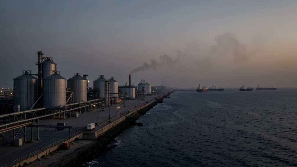 Imagem gerada por IA: Terminal de petróleo na costa da Arábia Saudita, com tanques e navios ao entardecer.