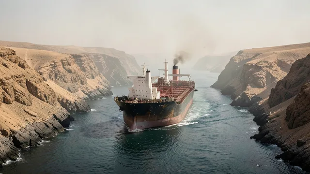 Imagem gerada por IA: Navio petroleiro atravessa uma passagem marítima estreita no Oriente Médio.
