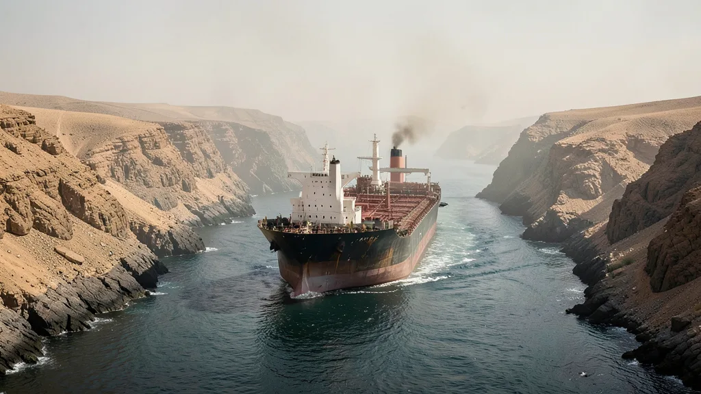 Imagem gerada por IA: Navio petroleiro atravessa uma passagem marítima estreita no Oriente Médio.