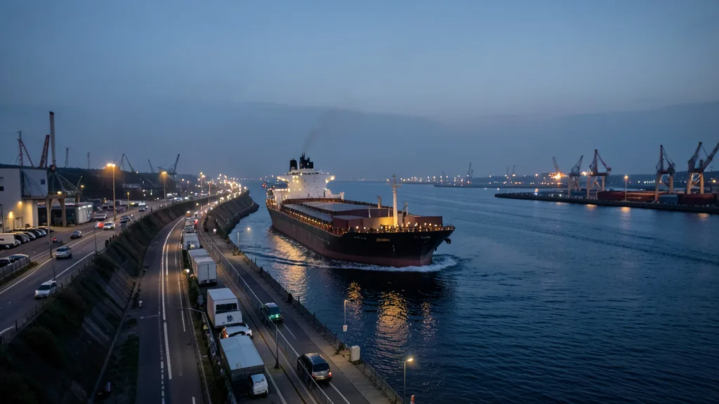 Imagem gerada por IA: Petroleiro atravessa uma passagem marítima estratégica ao entardecer.