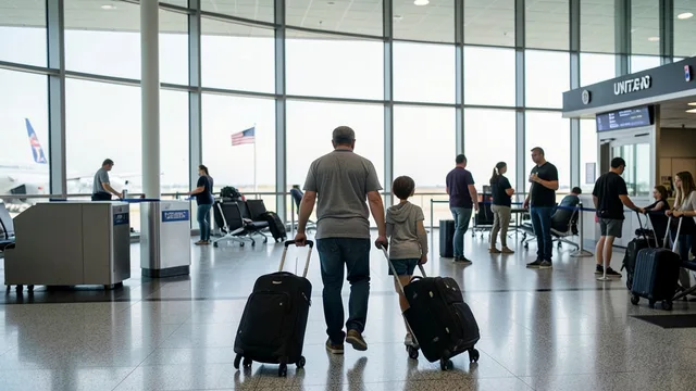 Imagem gerada por IA: Família com malas caminha por um aeroporto em direção à área de embarque internacional.