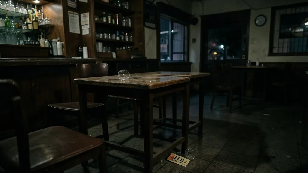 Imagem gerada por IA: Mesa e copo caído em um bar vazio após um incidente.