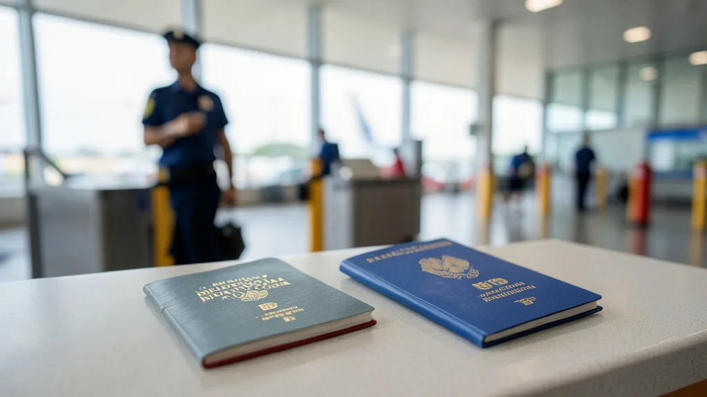 Imagem gerada por IA: Passaportes sobre um balcão de controle em um aeroporto, com um agente desfocado ao fundo.