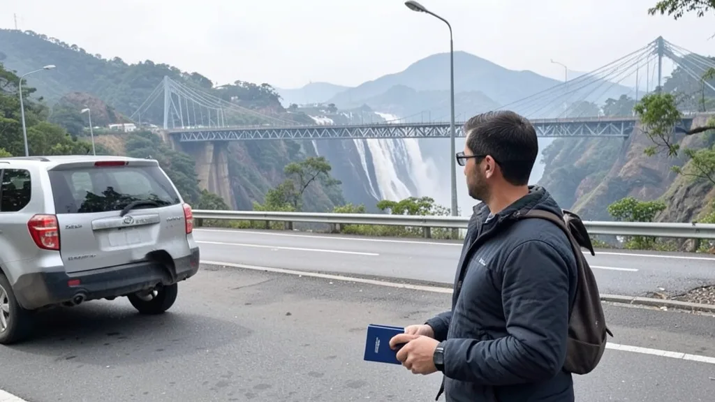 Imagem gerada por IA: Passaporte fechado em uma fronteira terrestre entre Brasil e Argentina, com uma ponte ao fundo.