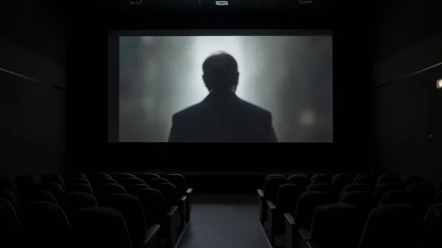Imagem gerada por IA: Sala de cinema vazia com a silhueta de uma figura política projetada na tela.