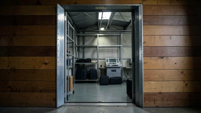 Imagem gerada por IA: Sala oculta em hangar, com porta metálica, malas vazias, prateleiras e máquina de contar cédulas.