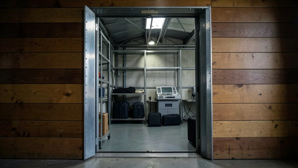 Imagem gerada por IA: Sala oculta em hangar, com porta metálica, malas vazias, prateleiras e máquina de contar cédulas.