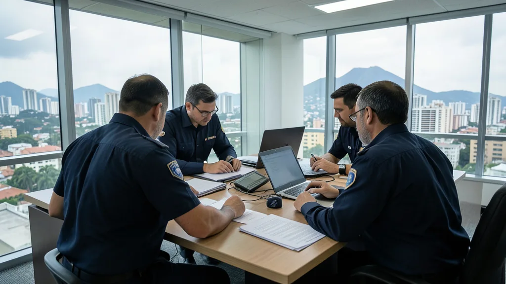 Imagem gerada por IA: Agentes da Polícia Federal examinam documentos e dispositivos em uma sala comercial.