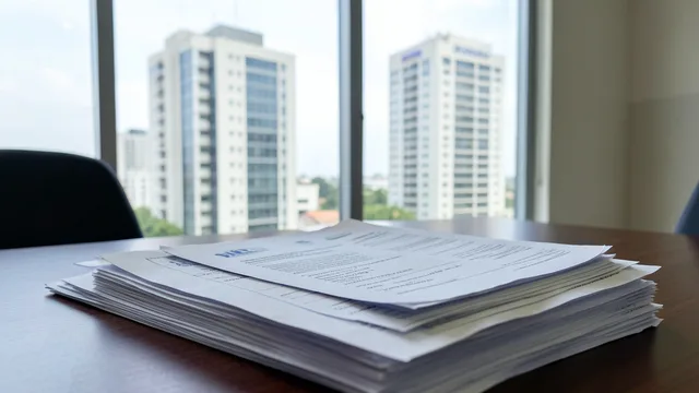 Imagem gerada por IA: Documentos de crédito sobre uma mesa, com prédios comerciais ao fundo.