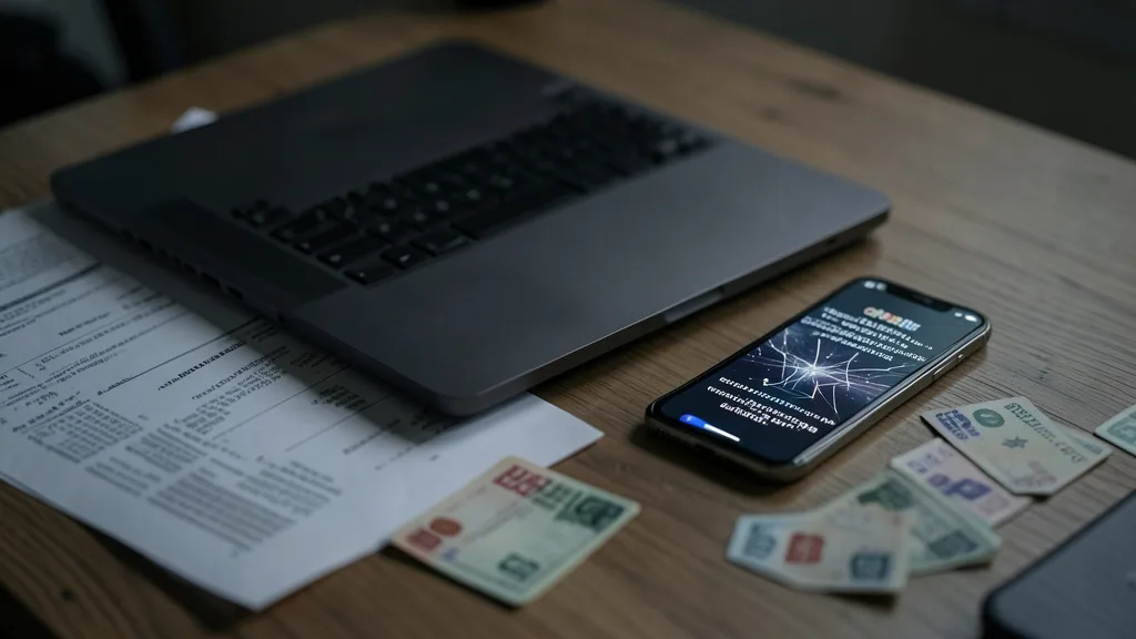 Imagem gerada por IA: Documentos financeiros, laptop e celular sobre uma mesa em imagem que representa uma investigação sobre apostas.