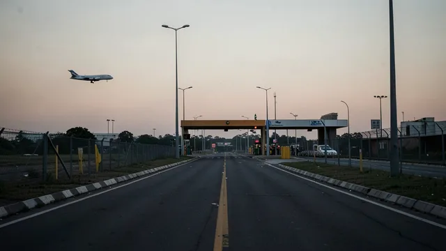 Imagem gerada por IA: Passagem de fronteira entre Brasil e Argentina, com um avião particular ao fundo.