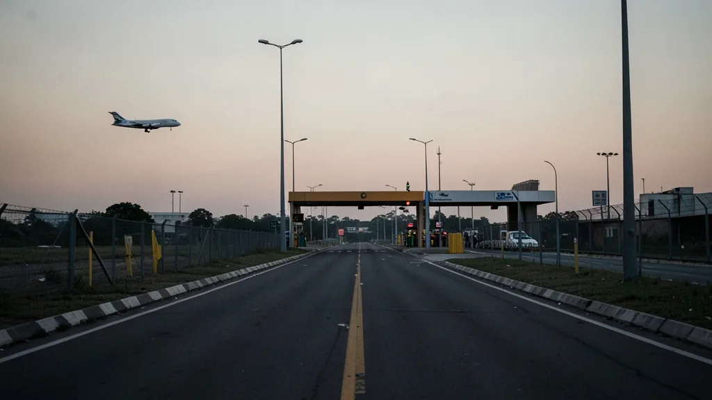 Imagem gerada por IA: Passagem de fronteira entre Brasil e Argentina, com um avião particular ao fundo.