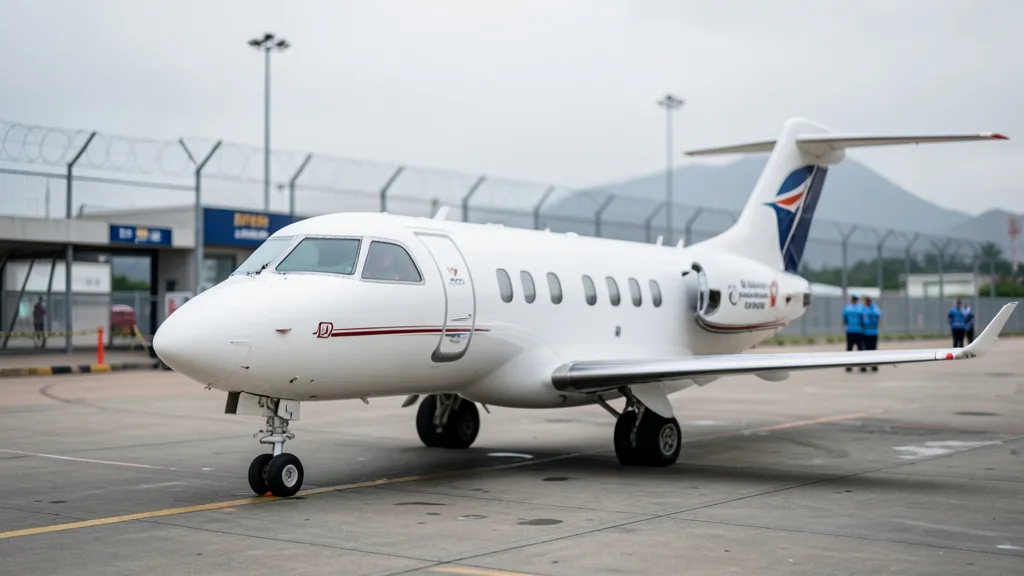Imagem gerada por IA: Avião particular estacionado em aeroporto próximo a um posto de controle de fronteira.