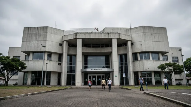 Entrada do Banco Central em Brasília, com pessoas caminhando diante do edifício.