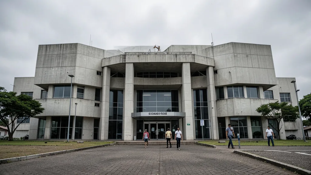 Entrada do Banco Central em Brasília, com pessoas caminhando diante do edifício.
