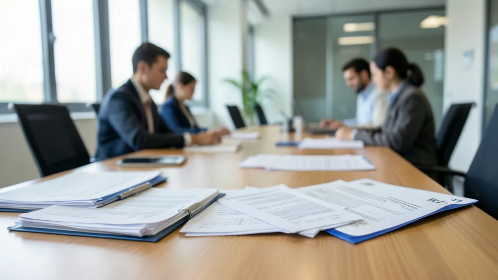 Imagem gerada por IA: Documentos financeiros sobre uma mesa em um escritório bancário, com profissionais ao fundo analisando papéis.