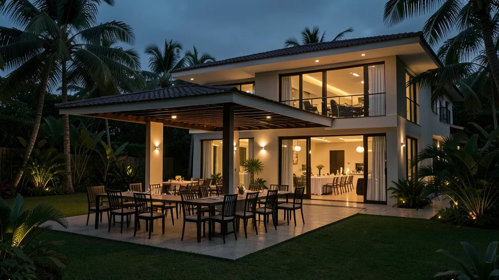 Imagem gerada por IA: Casa elegante em Trancoso preparada para uma festa privada, vista à noite.