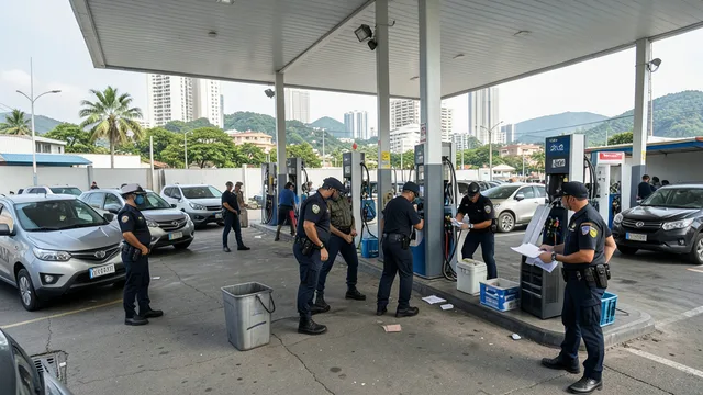 Imagem gerada por IA: Policiais federais fazem buscas em um posto de combustíveis na Região Metropolitana do Rio.