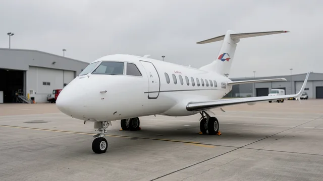 Imagem gerada por IA: Jato executivo branco estacionado na pista de um aeroporto.