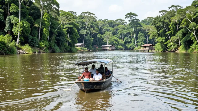 Imagem gerada por IA: Barco transporta passageiros por um rio cercado pela floresta amazônica.