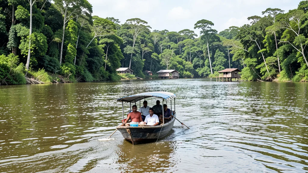 Imagem gerada por IA: Barco transporta passageiros por um rio cercado pela floresta amazônica.