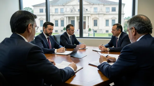 Imagem gerada por IA: Pessoas analisam documentos orçamentários em uma mesa de trabalho, com a fachada de um tribunal ao fundo.