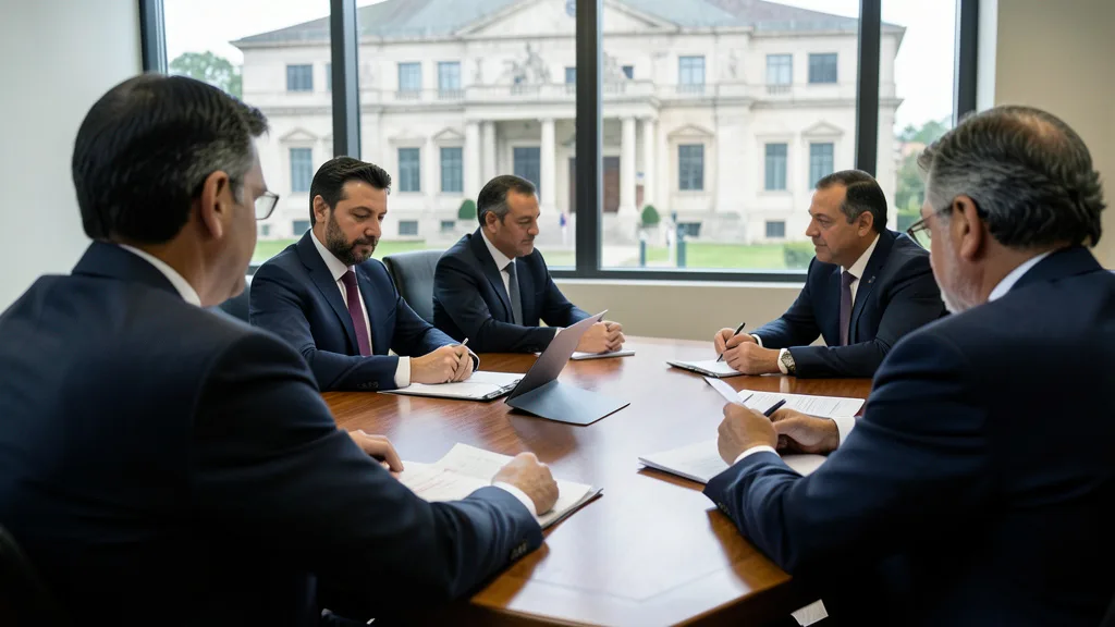 Imagem gerada por IA: Pessoas analisam documentos orçamentários em uma mesa de trabalho, com a fachada de um tribunal ao fundo.