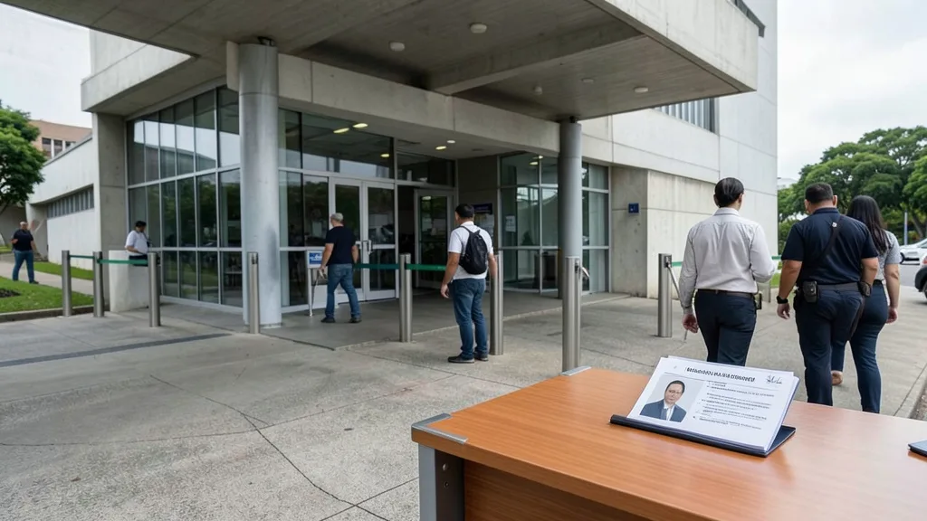 Imagem gerada por IA: Entrada do Senado com um livro de registros de visitantes em primeiro plano.