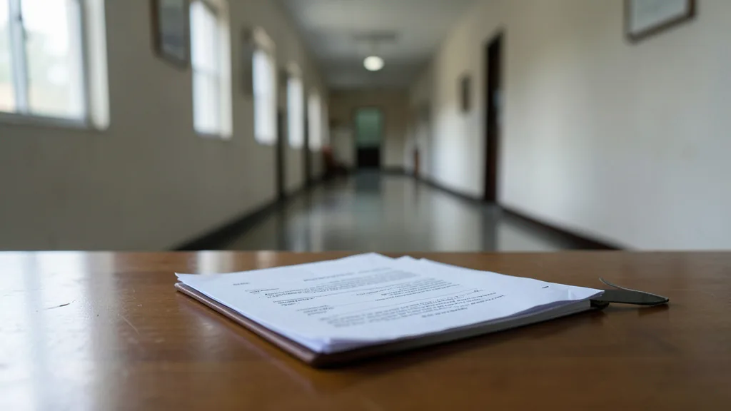 Imagem gerada por IA: Pasta de investigação e documentos sobre uma mesa em um ambiente de tribunal.
