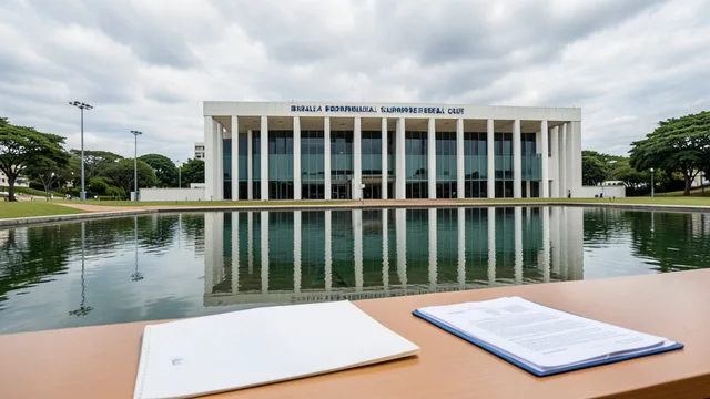 Imagem gerada por IA: Fachada do Supremo Tribunal Federal em Brasília, com uma pasta de documentos em primeiro plano.