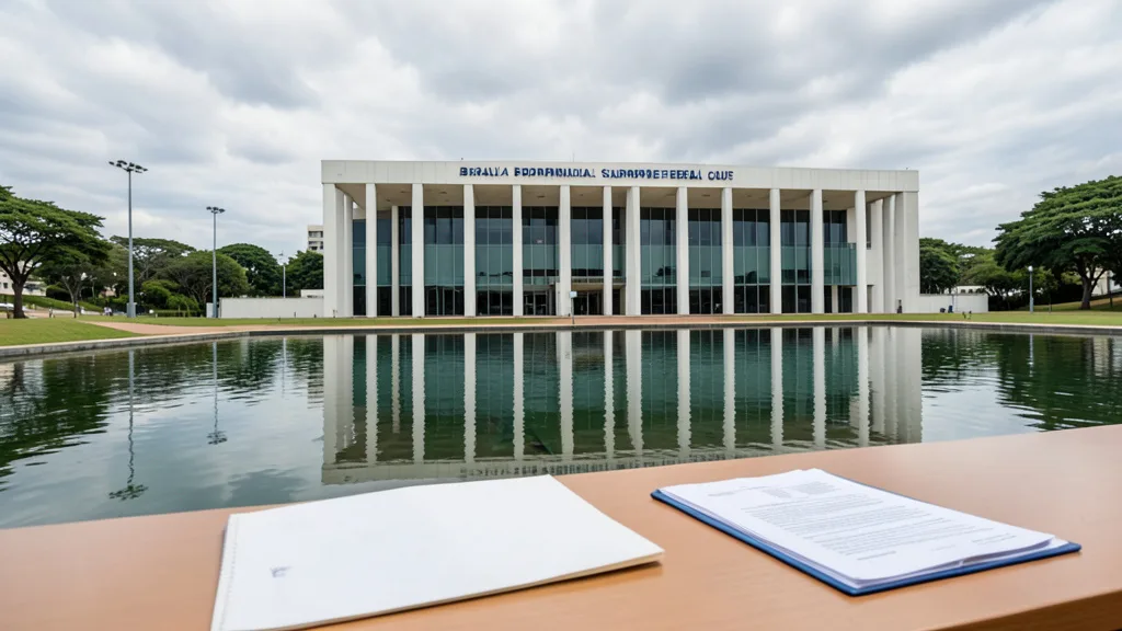 Imagem gerada por IA: Fachada do Supremo Tribunal Federal em Brasília, com uma pasta de documentos em primeiro plano.