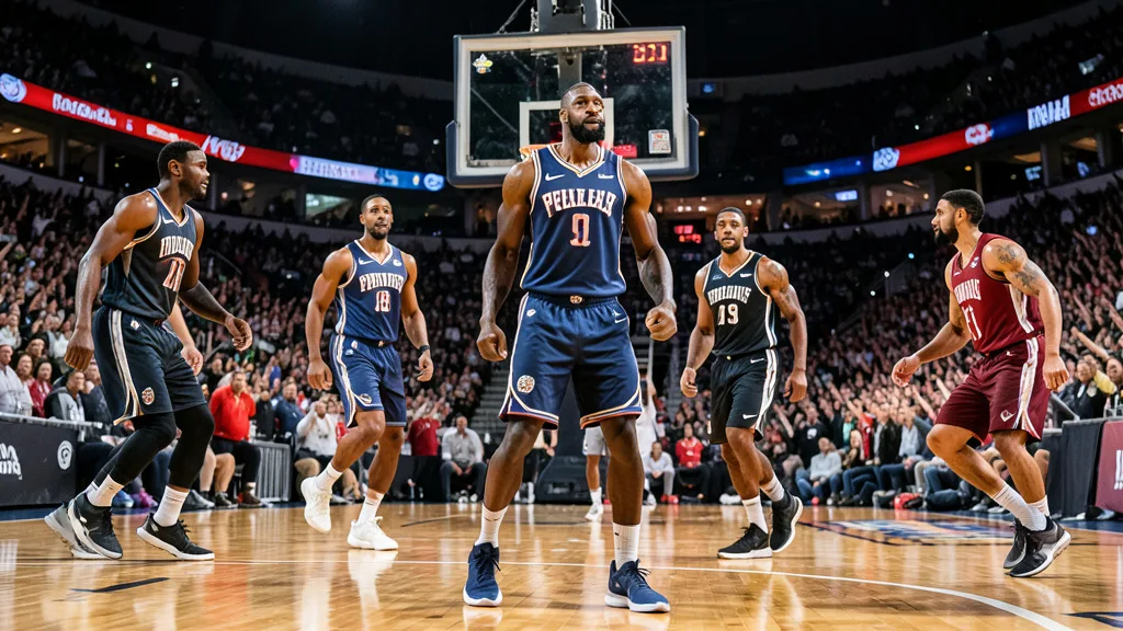 Imagem gerada por IA: LeBron James em quadra durante uma partida de basquete diante da torcida na Filadélfia.