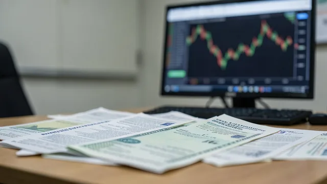 Documentos financeiros e uma tela desfocada representam o mercado de títulos do Tesouro dos Estados Unidos.