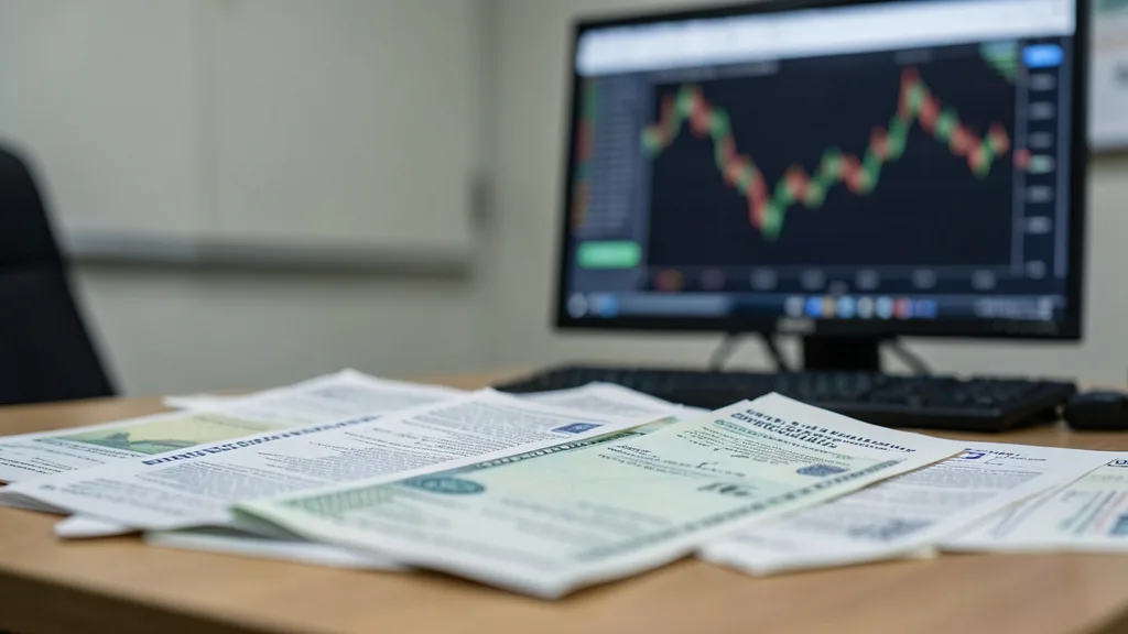 Documentos financeiros e uma tela desfocada representam o mercado de títulos do Tesouro dos Estados Unidos.