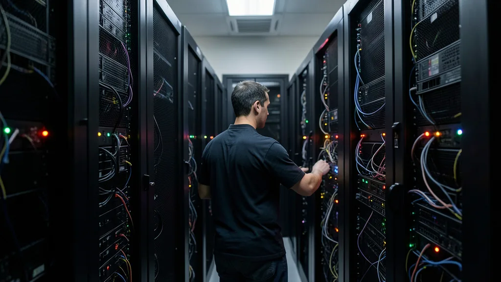 Imagem gerada por IA: Técnico verifica servidores em um centro de dados durante uma atualização de segurança.