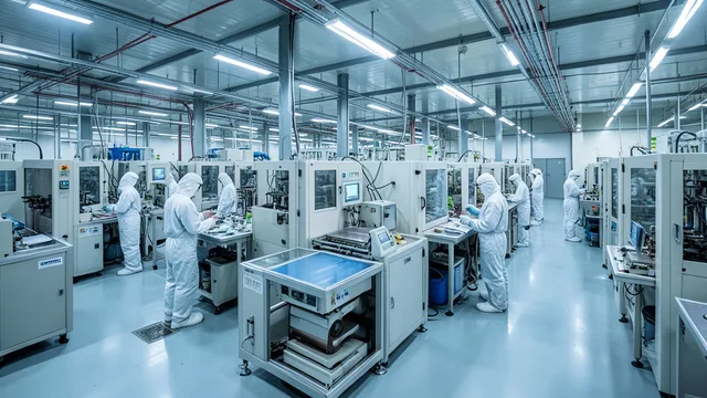 Imagem gerada por IA: Equipamentos de fabricação de semicondutores em uma fábrica sul-coreana.