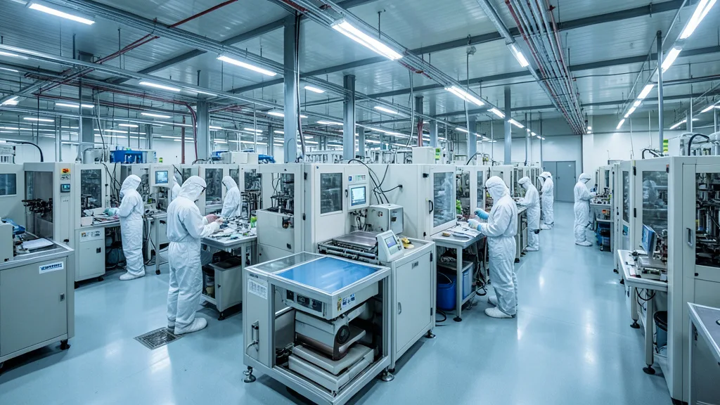 Imagem gerada por IA: Equipamentos de fabricação de semicondutores em uma fábrica sul-coreana.