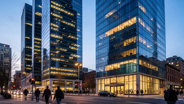 Imagem gerada por IA: Prédios comerciais iluminados ao entardecer em um distrito empresarial dos Estados Unidos.