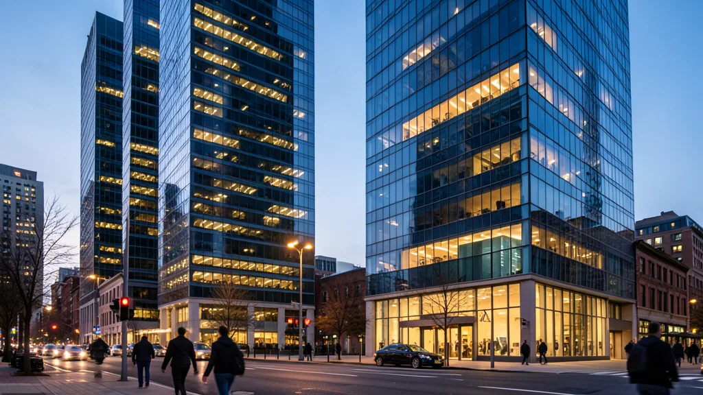 Imagem gerada por IA: Prédios comerciais iluminados ao entardecer em um distrito empresarial dos Estados Unidos.