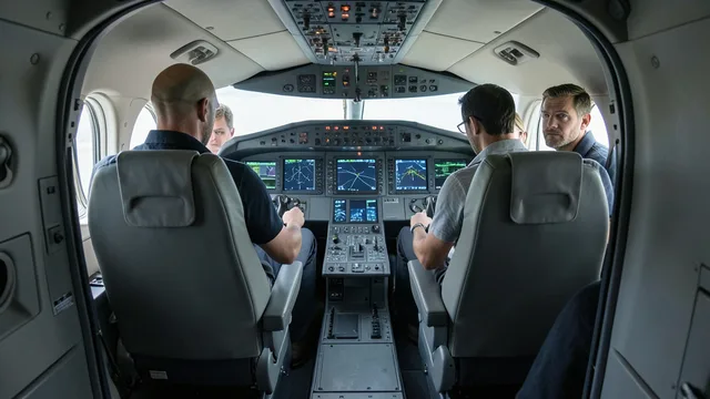 Cabine de avião comercial após pouso de emergência, com assentos dos pilotos e passageiros ao fundo.