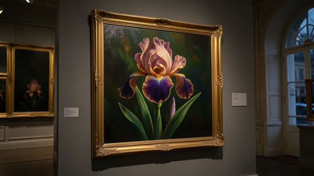 Imagem gerada por IA: Pintura de íris emoldurada exposta em uma sala de leilões.