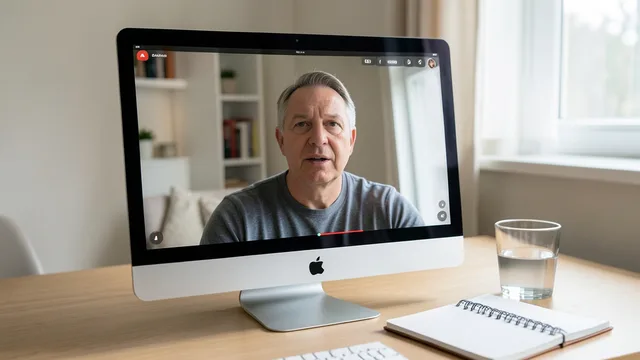 Imagem gerada por IA: Tela com um homem falando em vídeo, ao lado de um caderno e um copo de água.