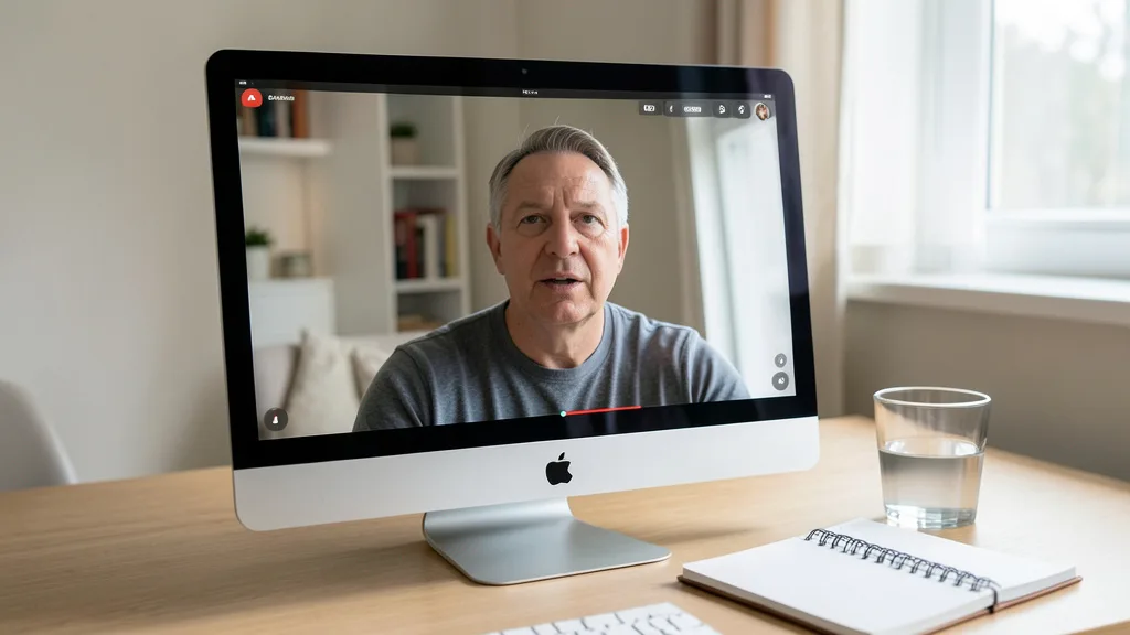 Imagem gerada por IA: Tela com um homem falando em vídeo, ao lado de um caderno e um copo de água.