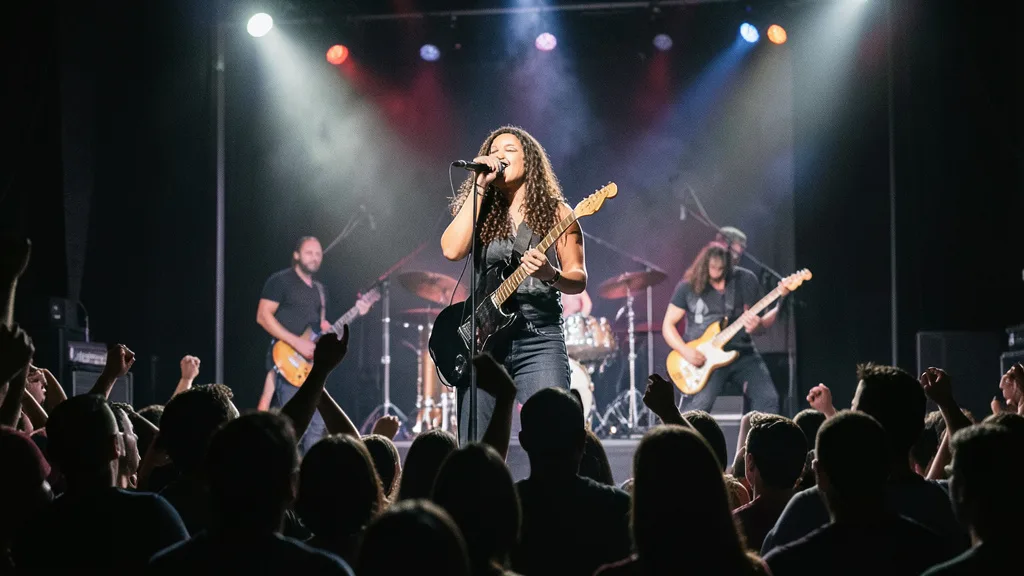 Imagem gerada por IA: Pitty canta no palco com a banda durante um show de rock.