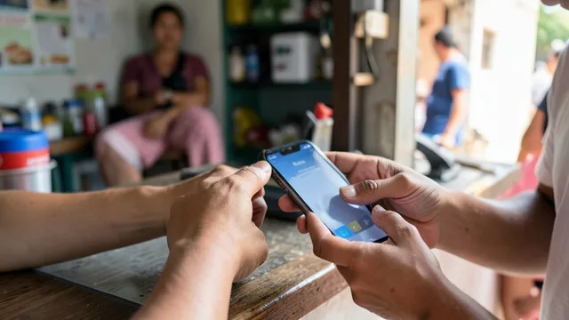 Imagem gerada por IA: Pessoa faz um pagamento pelo celular em um pequeno comércio.