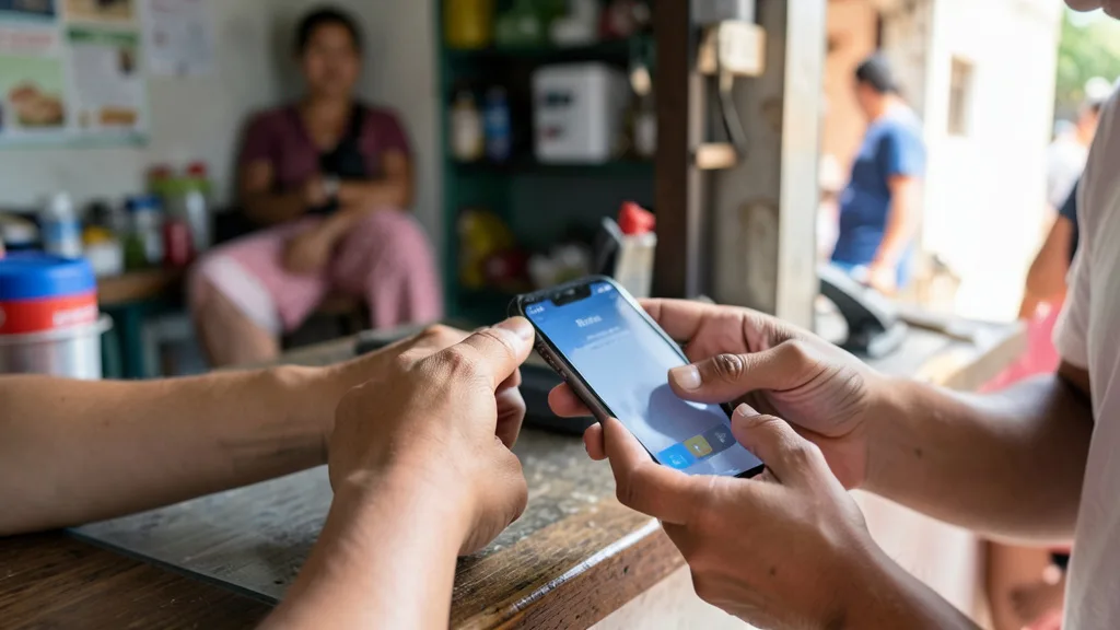Imagem gerada por IA: Pessoa faz um pagamento pelo celular em um pequeno comércio.