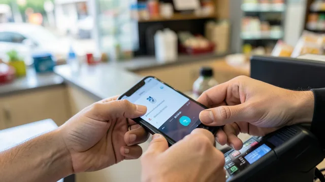 Mãos aproximam um smartphone de uma maquininha para realizar um pagamento.