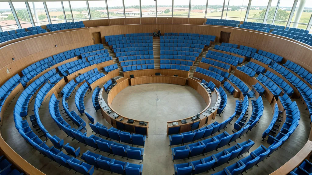 Imagem gerada por IA: Plenário do Senado Federal, com fileiras de cadeiras azuis vistas de um ponto elevado.