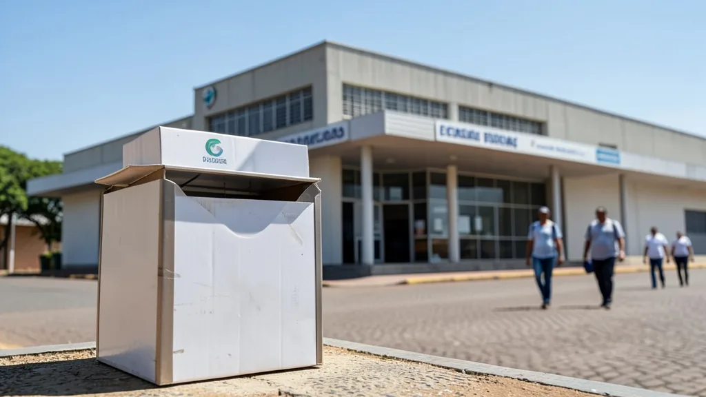 Imagem gerada por IA: Urna eleitoral diante de um prédio da Justiça Eleitoral.